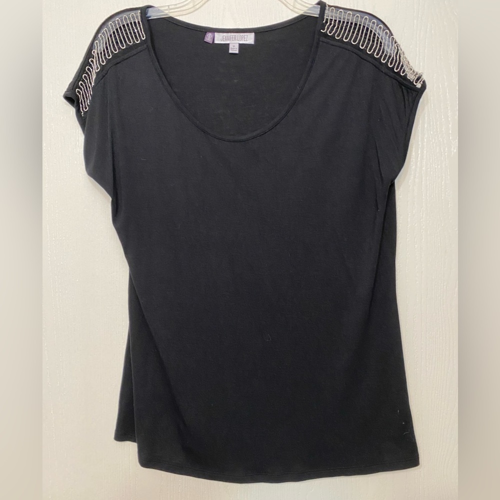 Jennifer Lopez Scoop Neck Shirt with Sheer & Beaded Detail